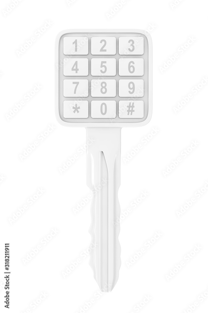 Poster security concept. key with numbers pad in clay style. 3d rendering