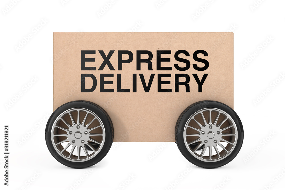Poster logistics, shipping and delivery concept. cardboard parcel box with wheels and express delivery sign