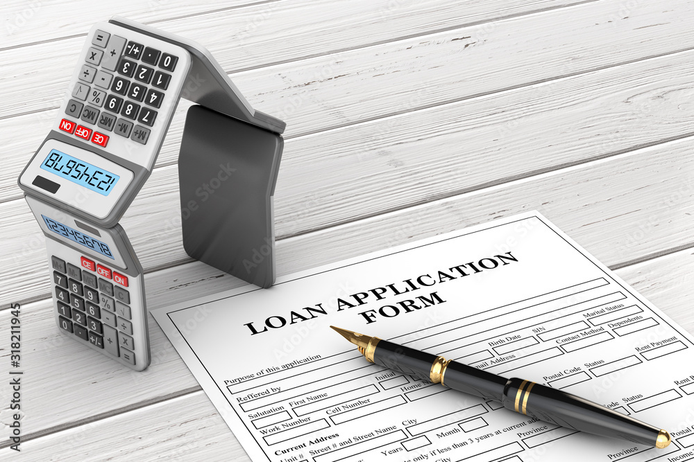 Poster Loan Application Form with Mortgage Calculators in the Shape of a House and Pen. 3d Rendering