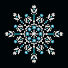 Vintage round pattern, jewelry decoration with diamonds and precious gemstones on black background, elegant jewellery snowflake or mandala ornament