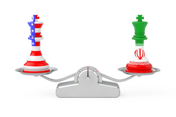 US America and Iran Kings Chess over Simple Balance Scale. 3d Rendering