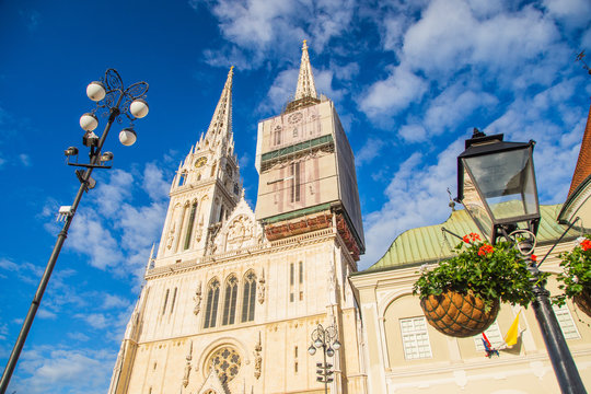 Zagreb, capital of Croatia, towers of catholic cathedral in Kaptol district and defensive medieval walls
