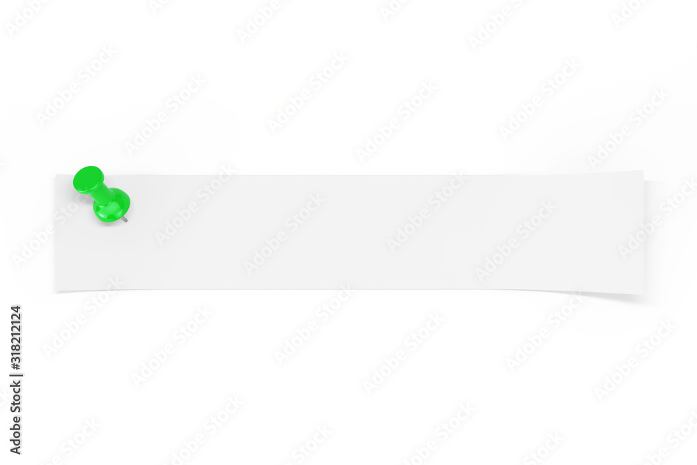 Aufkleber Strip of Blank Paper with Empty Space for Your Design Pinned by Green Paper Pin. 3d Rendering