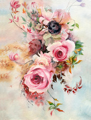 Watercolor painting. Vintage illustration. Pink flower arrangement. - 318212134