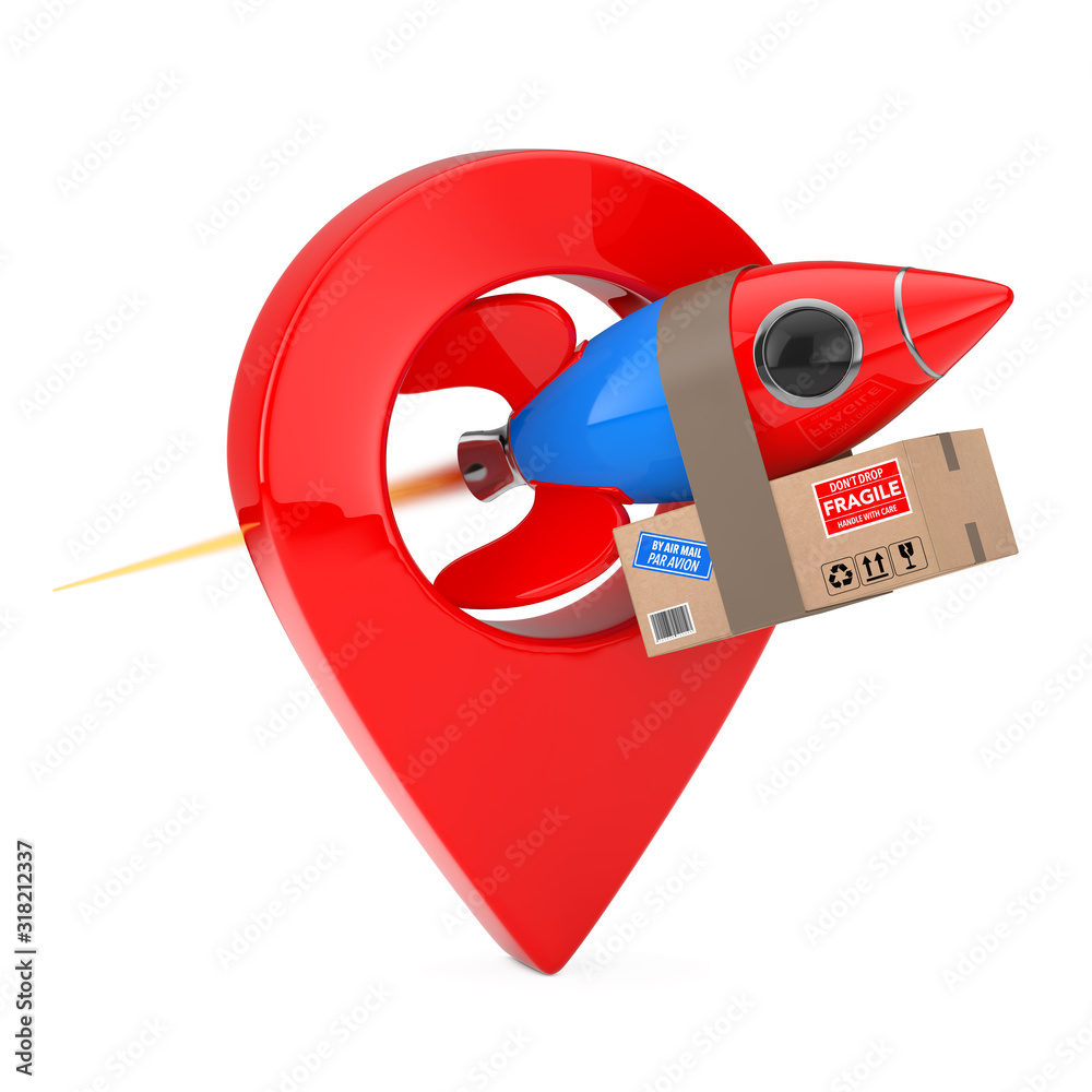 Aufkleber Fast Delivery Concept. Funny Rocket with Parcel Box and Map Pointer Target Pin. 3d Rendering
