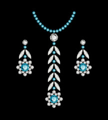 Vintage jewellery collection, top view of earrings and necklace with diamonds and precious gemstones, elegant set of women's jewelry decoration on black