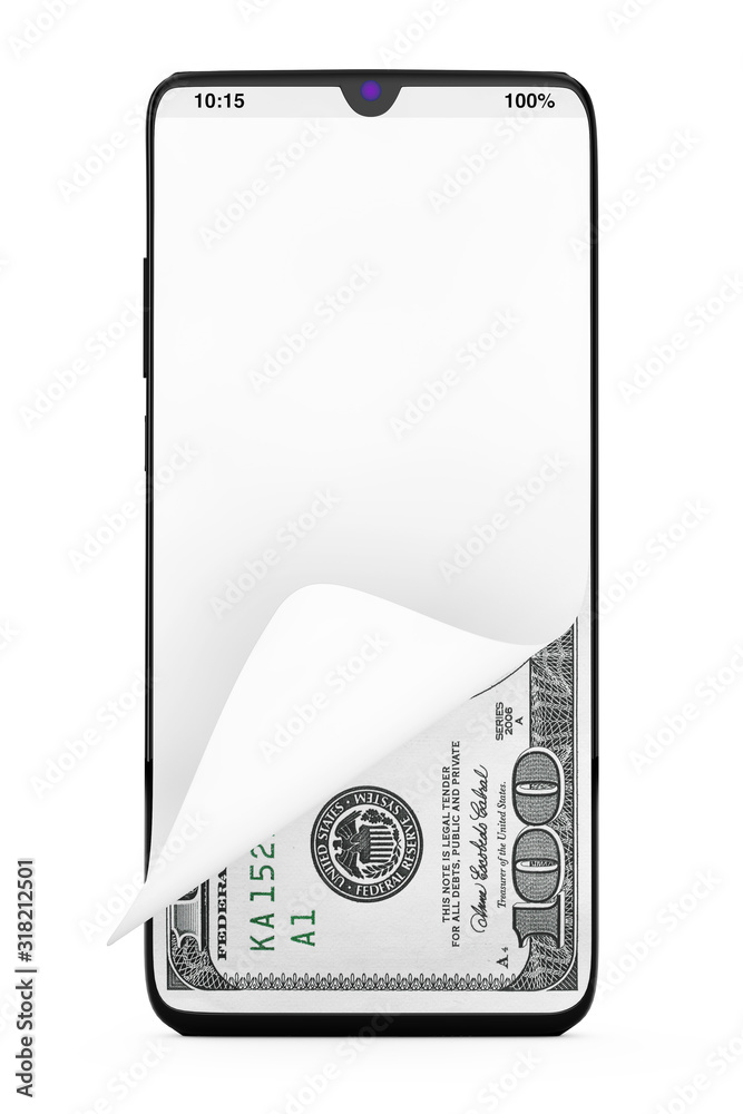 Poster Dollars Bills Money under Front Glass Display of Modern Mobile Phone. 3d Rendering