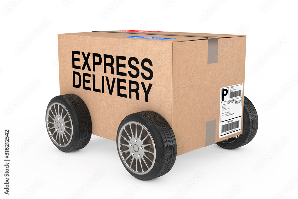 Poster logistics, shipping and delivery concept. cardboard parcel box with wheels and express delivery sign