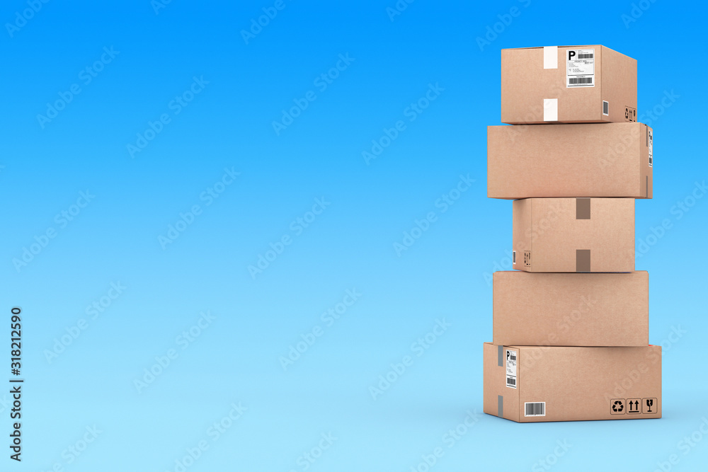 Poster Cardboard Parcel Boxes Stacked on Each Other. 3d Rendering