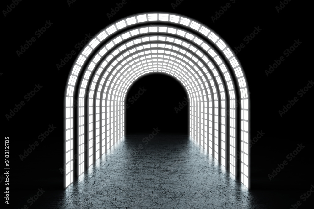 Poster abstract glowing archway tunnel or portal. 3d rendering
