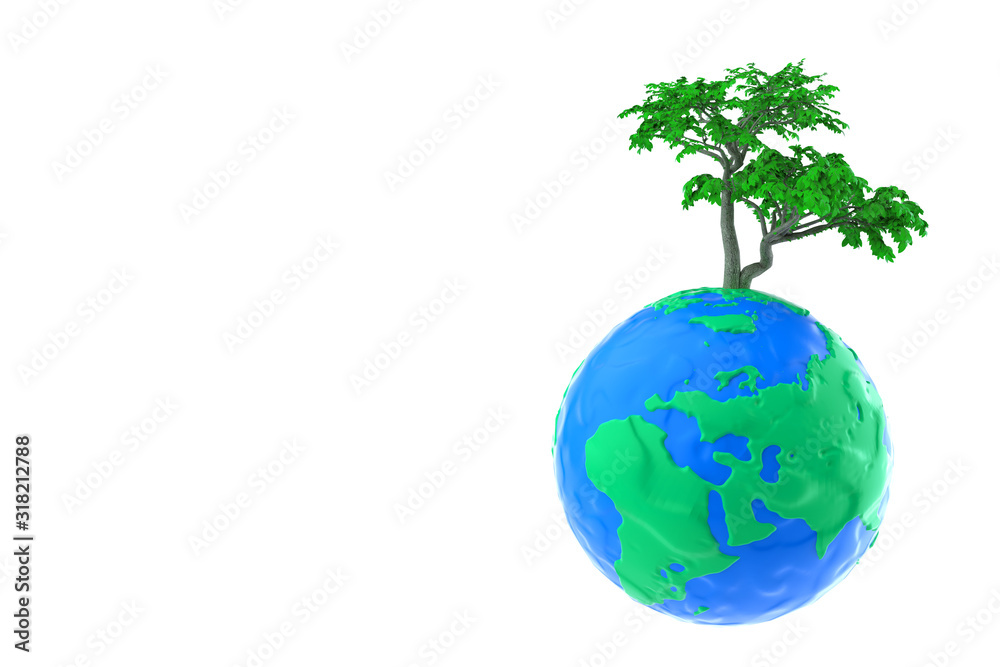 Poster ecology concept. green tree over plasticine clay earth globe. 3d rendering