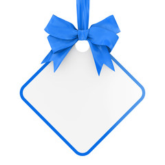Blank Rectangular Sale Tag with Blue Ribbon and Bow. 3d Rendering