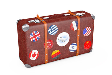Retro Leather Brown Threadbare Suitcase With Travel Stickers, Metal Corners and Belts. 3d Rendering