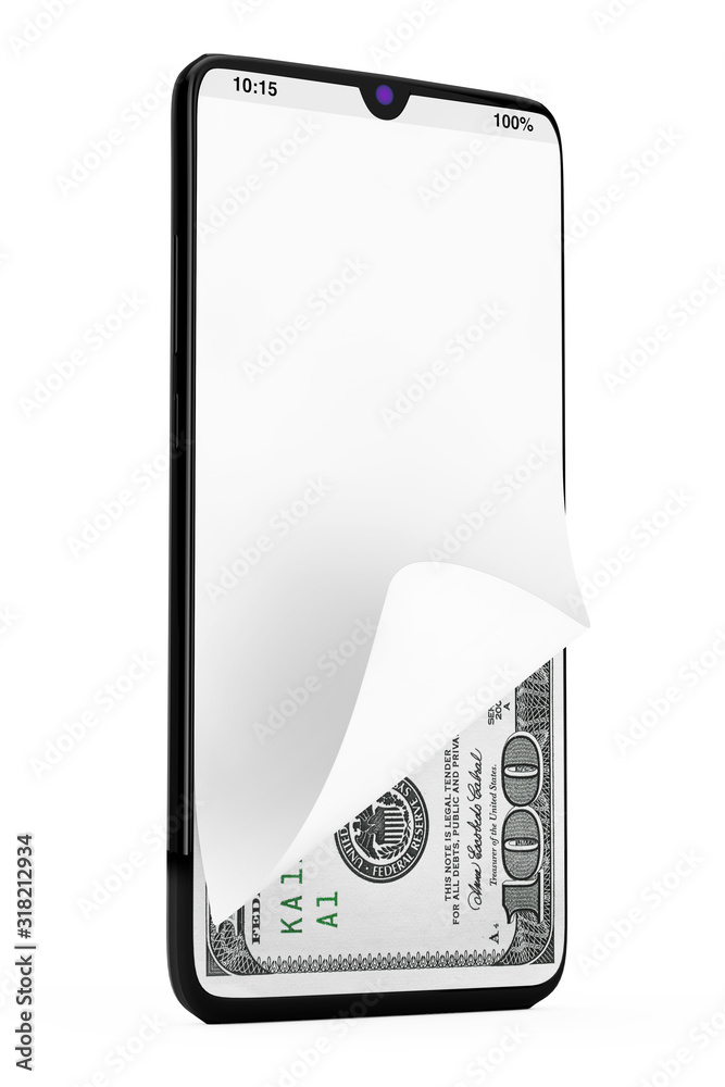 Poster dollars bills money under front glass display of modern mobile phone. 3d rendering