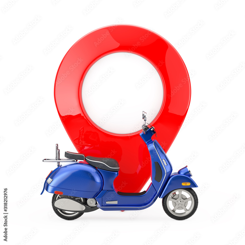 Poster Blue Classic Vintage Retro or Electric Scooter in front of Map Pointer Pin. 3d Rendering