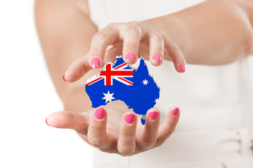 Two Woman Hands Protecting Australia Map with Flag