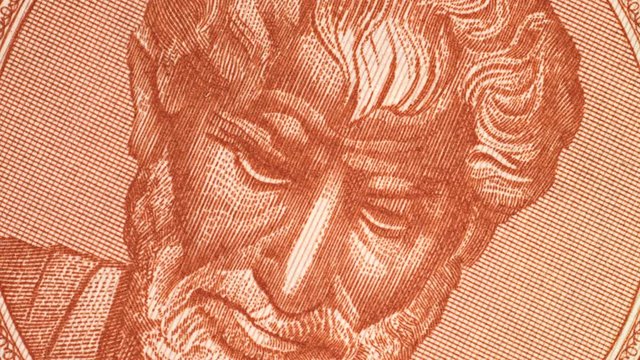 Aristotle on 10000 Greece drachma (1947) banknote rotated. Genius Ancient Greek philosopher, tutor of Alexander the Great. 4K