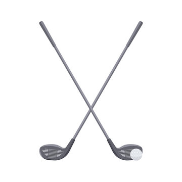 Two beautiful crossed Golf clubs and a ball isolated on white background.Sports equipment for golfing. Inventory for golfers.Vector flat illustration