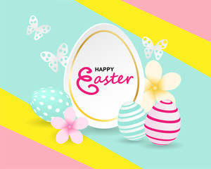 Happy easter. Celebration. Colorful easter egg , flowers and paper art butterflies on colorful pastels paper background ,light and shadow . Vector.