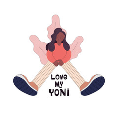 Female healthcare campaign flat vector banner template. Afro-american women takes care for her health. Love my yoni text