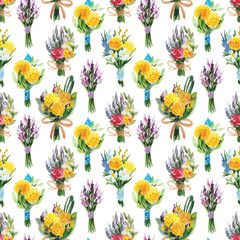 Seamless pattern with cute little watercolor buttonhole bouquets, boutonnieres, summer flowers on white background. Seamless pattern with cute little bouquets of flowers on white background