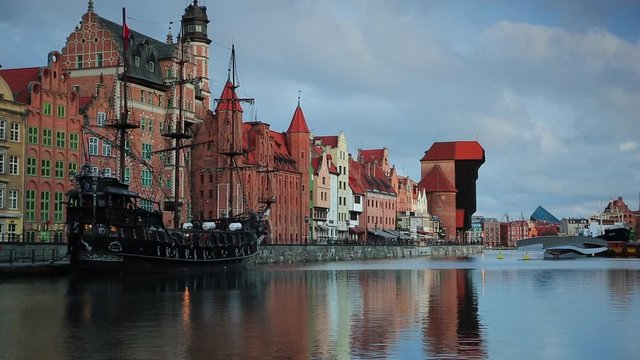 Beautiful scenery of the old town in Gdansk over Motlawa river at sunrise, Poland.