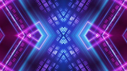 Dark abstract futuristic background. Neon glow, light lines, shapes. UV light.