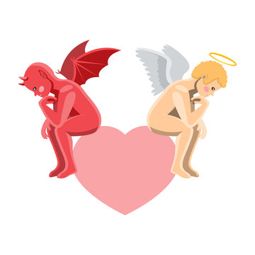 An angel demon is sitting brooding on top of a heart on an isolated white background. Vector image