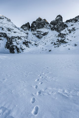 Frozen Scary lake in front of Kupens peaks in Rila mountain national park, Malyovitsa region, Bulgaria 