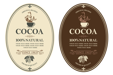 collection of labels with cocoa beans, branch and leaves
