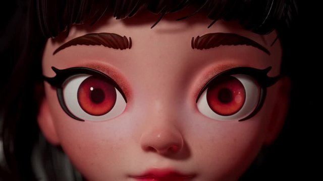 3d animation cartoon character of a brunette girl with big brown eyes. Beautiful woman face close up with freckles. Portrait young attractive cute girl. Beauty close-up of blinking eyes in slow motion