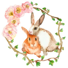 Watercolor hand painted nature wild animal composition with pink apple blossom flowers and green leaves on branches wreath with ginger and beige rabbits pair inside on the white background 