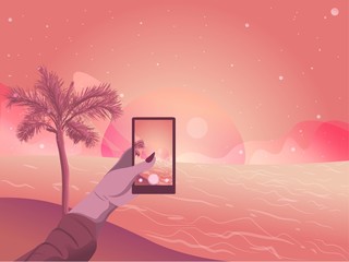 Flat illustration of a woman hand taking a picture of the sunset on the beach. Summer sky and stars landscape 
