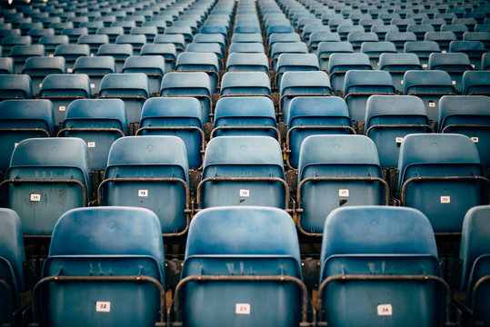 Full Frame Shot Of Empty Blue Seats In Stadium