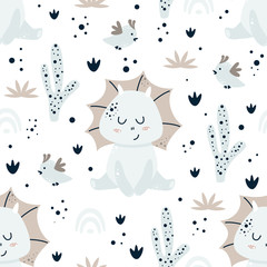 seamless pattern with cute little dino on a white background - vector illustration, eps