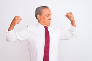Senior grey-haired businessman wearing elegant tie over isolated white background showing arms muscles smiling proud. Fitness concept.