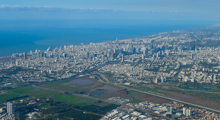 Panorama of the city center of Tel Aviv - Yafo taken from the air, aerial shot of the modern economic and technical center of Israel