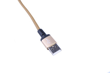 Folded USB lightning charging smartphone golden cable isolated over the white background