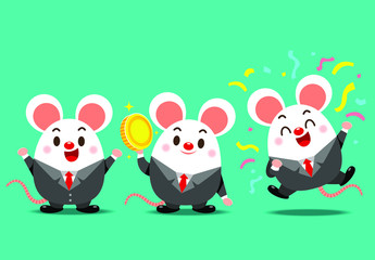 Vector set of cute rat characters in business suit costume in different actions