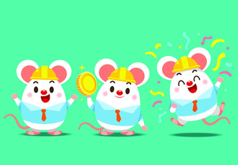 Vector set of cute rat characters in engineer costume in different actions