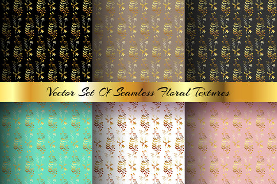 Trendy backgrounds. Vector set of floral seamless patterns with golden leaves. Beautiful texture made of abstract plants. Endless pattern for fabric and textile, paper wrapping.