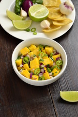 Homemade Mango Salsa with Ingredients and Corn Chips, vertical 
