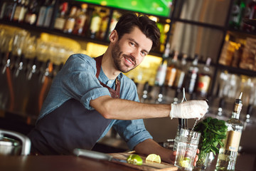 Drink Preparation. Bartender standing at counter mixing ingredients in glass smiling happy