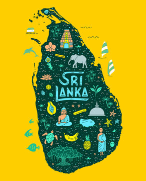 Tourist map of Sri Lanka with hand-drawn symbols, landmarks and lettering. Bright vector illustration in flat cartoon style. Poster with Ceylon.