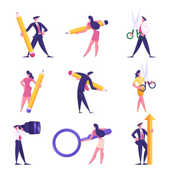 Set Businesspeople with Different Stationery. Businessmen and Businesswomen Holding Huge Pencil, Scissors Magnifying Glass Arrow, Looking to Binoculars. Office Workers Cartoon Flat Vector Illustration