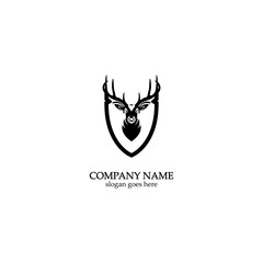 Deer hunter with shield logo design, Wild animal vector, Head deer illustration