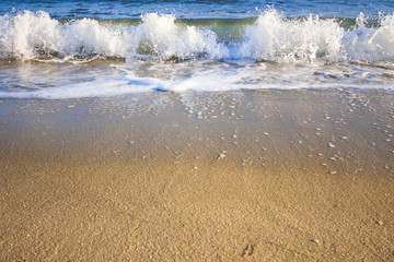 Sandy beach with soft foamy ocean wave. Horizontal composition