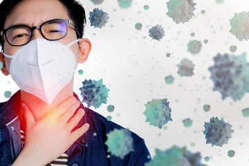 close up young asian male businessman wearing pollution mask with gesture action express ill...