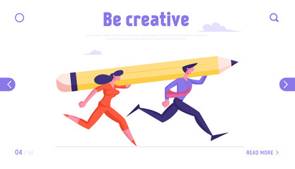 Project Planning and Office Daily Routine Website Landing Page. Businesswoman and Businessman Carry Huge Pencil on Shoulders Racing to Success Web Page Banner. Cartoon Flat Vector Illustration