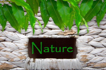 White wicker basket  texture (background) with a window and label “Nature”